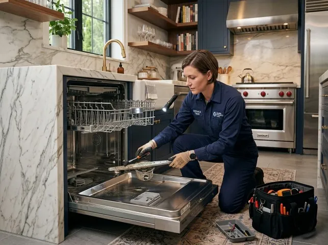 Appliance Repair Hero technician servicing a built-in dishwasher in a Brookeland, TX kitchen