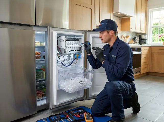 Appliance Repair Hero technician repairing a refrigerator ice maker in Brookeland, TX