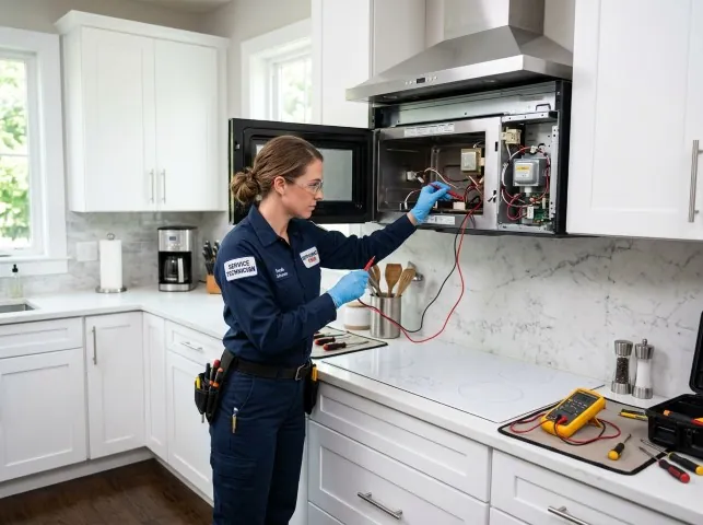 Appliance Repair Hero technician testing an over-the-range microwave in a Brookeland, TX kitchen